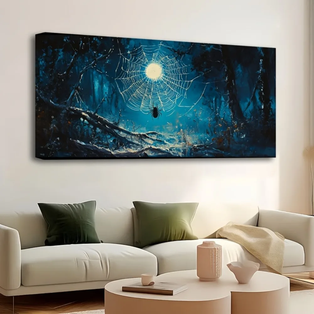 1.5 inch thick pine solid wood frame,Horror forest spider wood frame mural home canvas wall art decoration,horror style painting