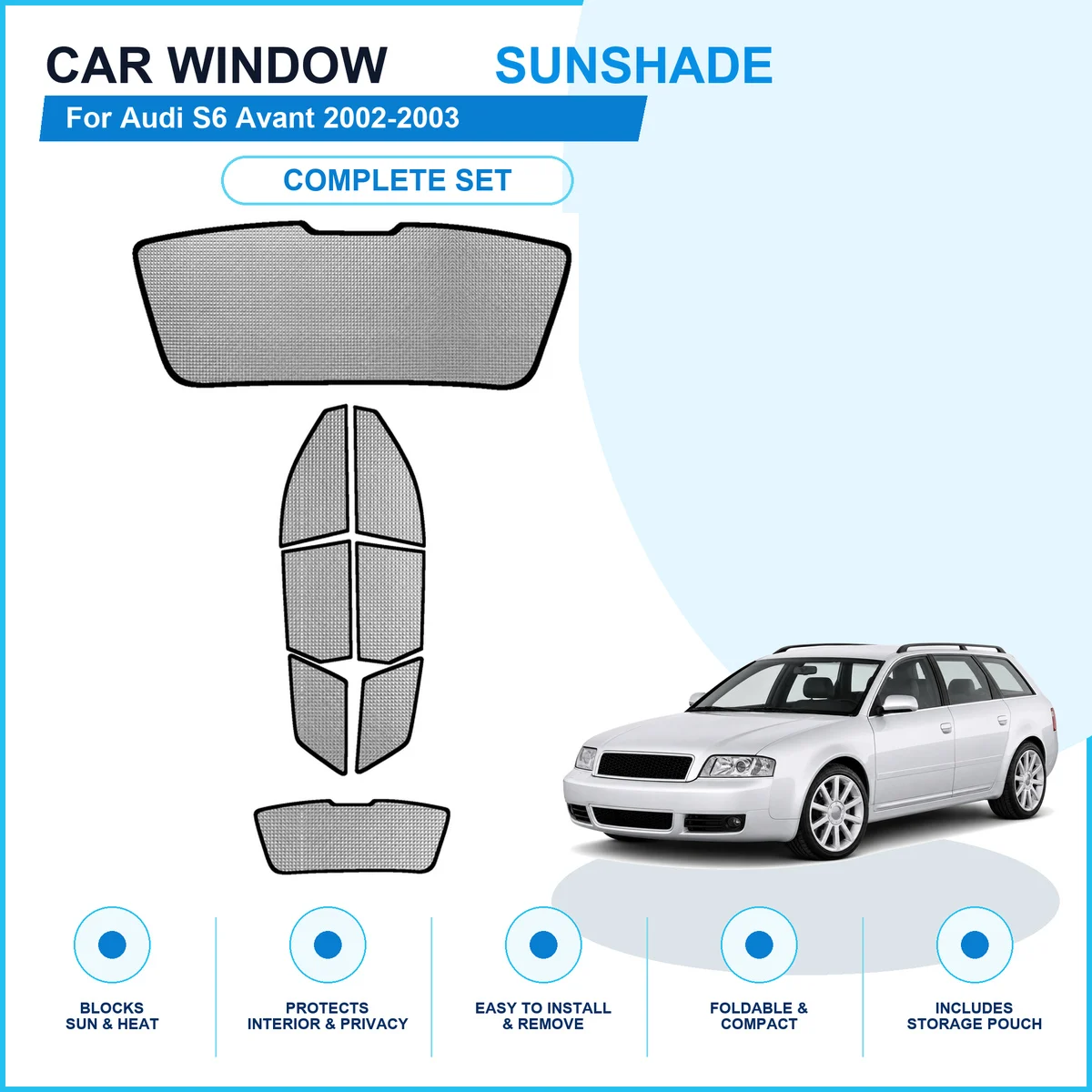 For Audi S6 Avant 2002-2003 Custom Full Set Window Sunshades Aluminum Foil Suction Cup Anti UV Privacy