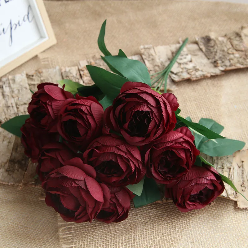 Artificial Flowers Silk Rose 10 Heads Beautiful Fake Flower Bouquet Home Garden Office Decor Burgundy Wedding Table Decoration