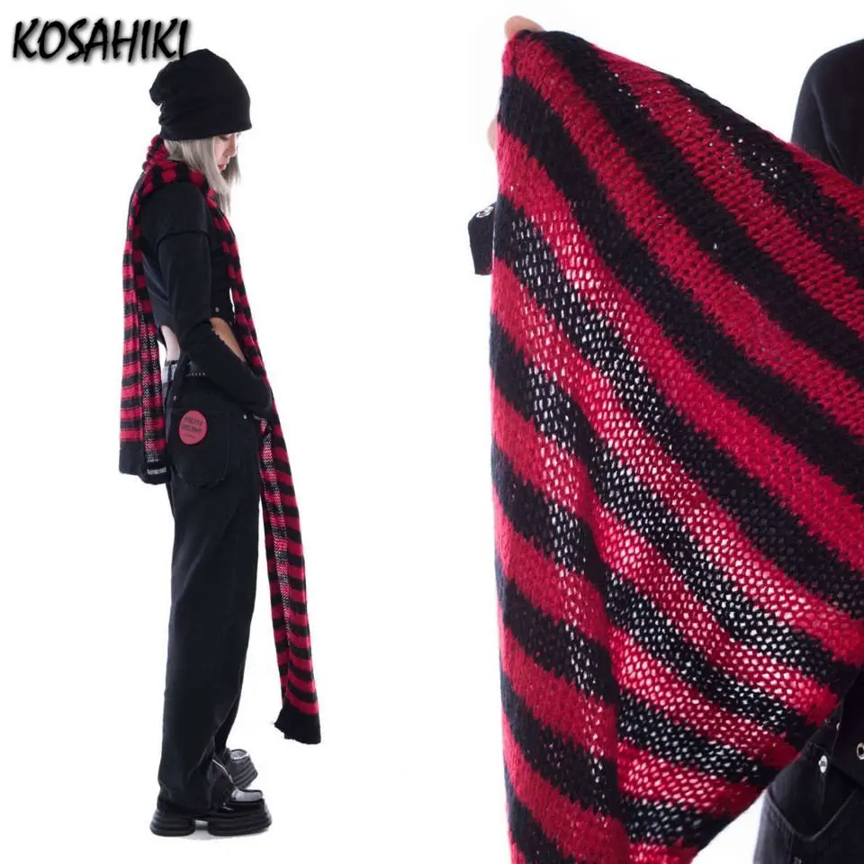 KOSAHIKI 2024 Y2k Girl Long Scarves Korean Japanese Basic Scarf Gothic Stripe Women Unisex Harajuku Knitted Neckerchief