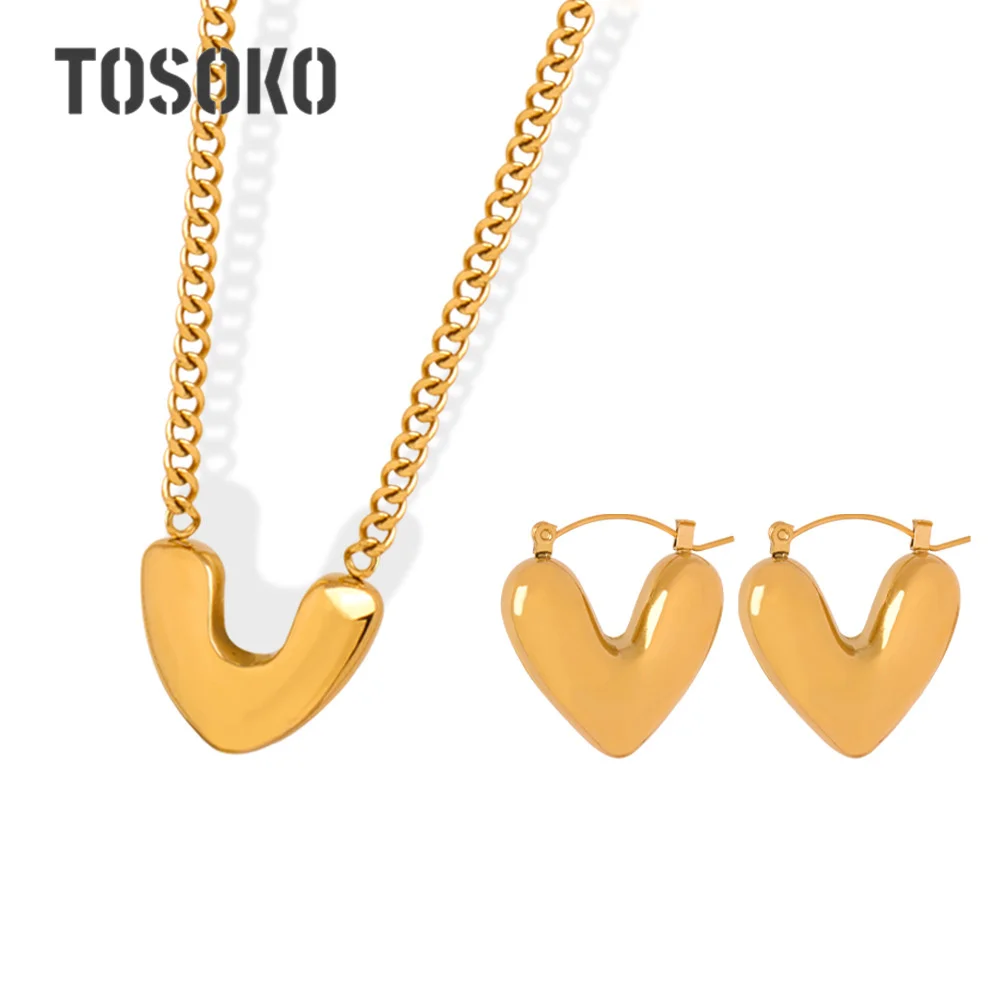 

TOFFLO Titanium Steel Simple Plating 18K Gold Heart Pendant Necklace Earring Set Jewelry For Women BSF1028-P1666