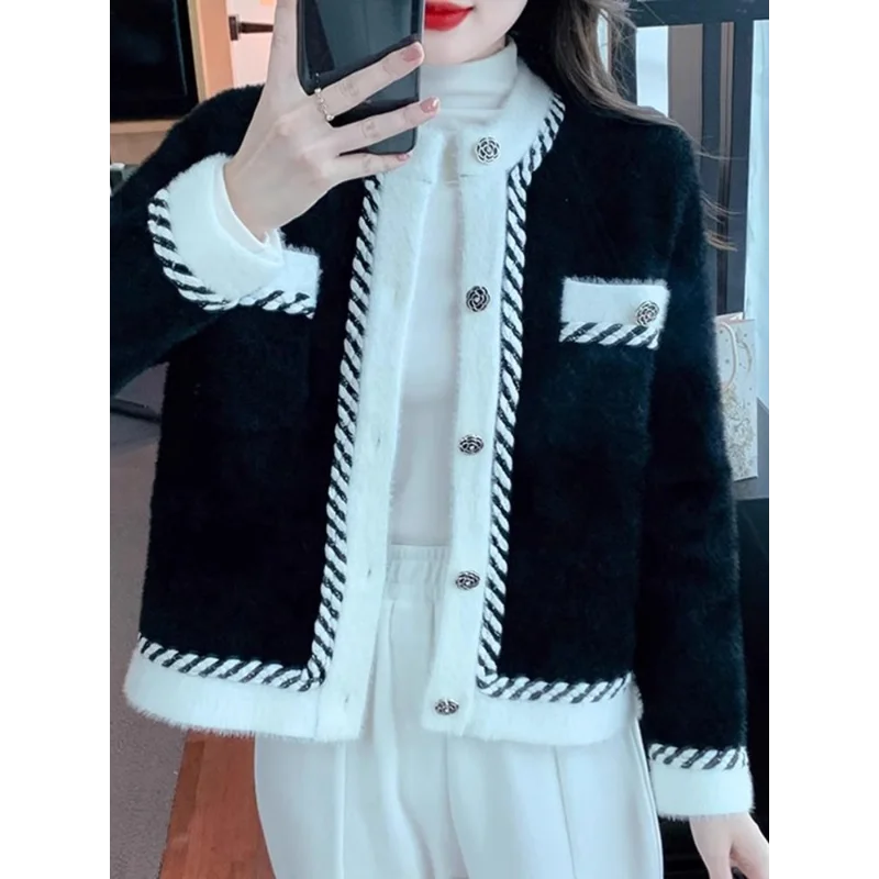 Contrast Color Women's Clothing Autumn Winter Button Up Long Sleeved Cardigan Coats Casual Pockets Korean Round Neck Tops