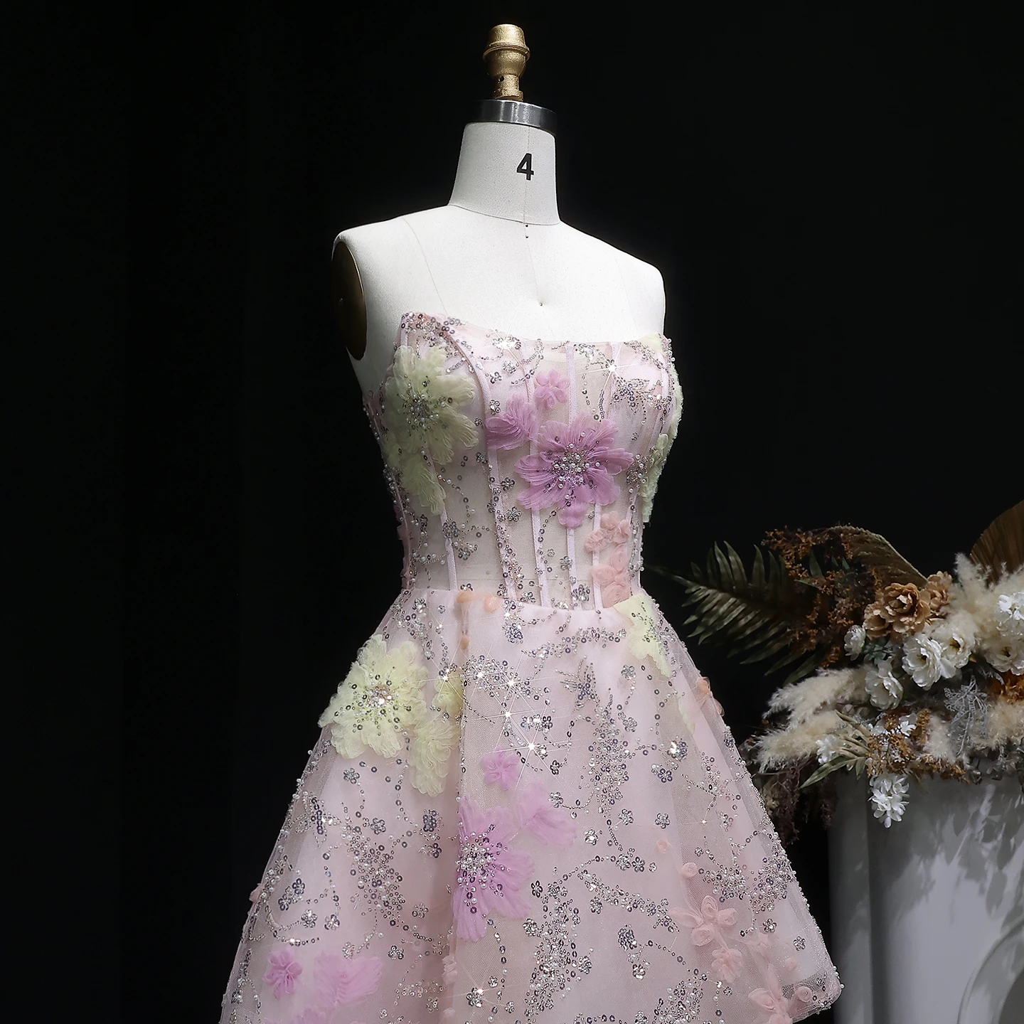 Sharon Said Rosa trägerloses 3D-Blumenperlen-Korsett-Homecoming-Kleid Dubai Sexy Mini-Cocktail-Abschlussball-Partykleid RM135 Maßanfertigung – Detail 5