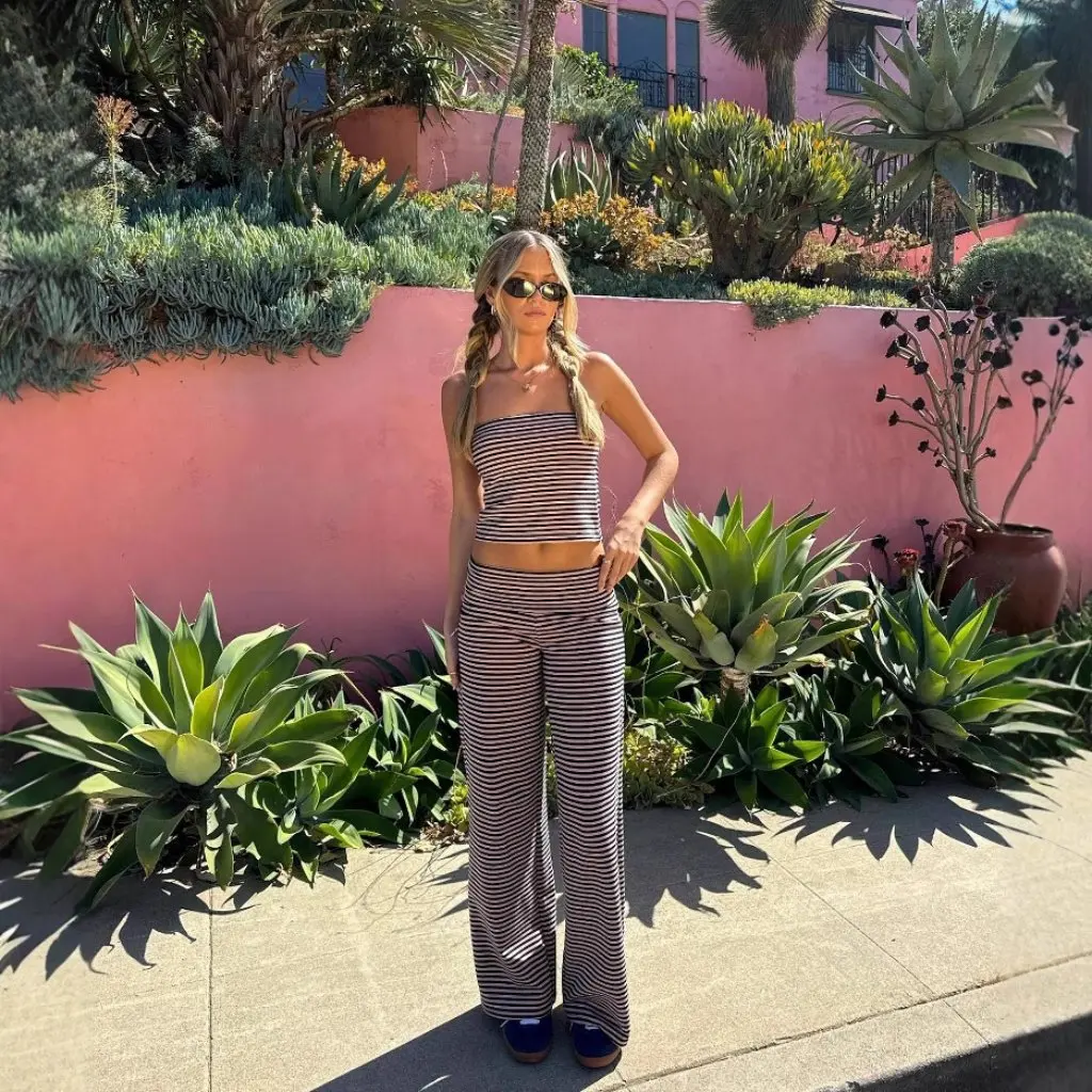 

Новый американский стиль со сложенной талией, свободные полосатые широкие брюки, повседневный костюм для женщин, уличная одежда, ленивый стиль