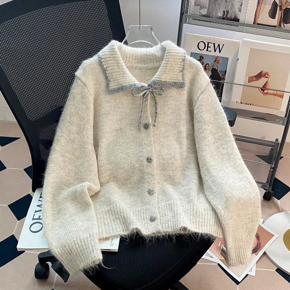 

Женский кардиган-свитер с отложным воротником в контрастных тонах, новая модная модель с завязками и бантом, однобортное вязаное пальто, весна 2026, свободный крой