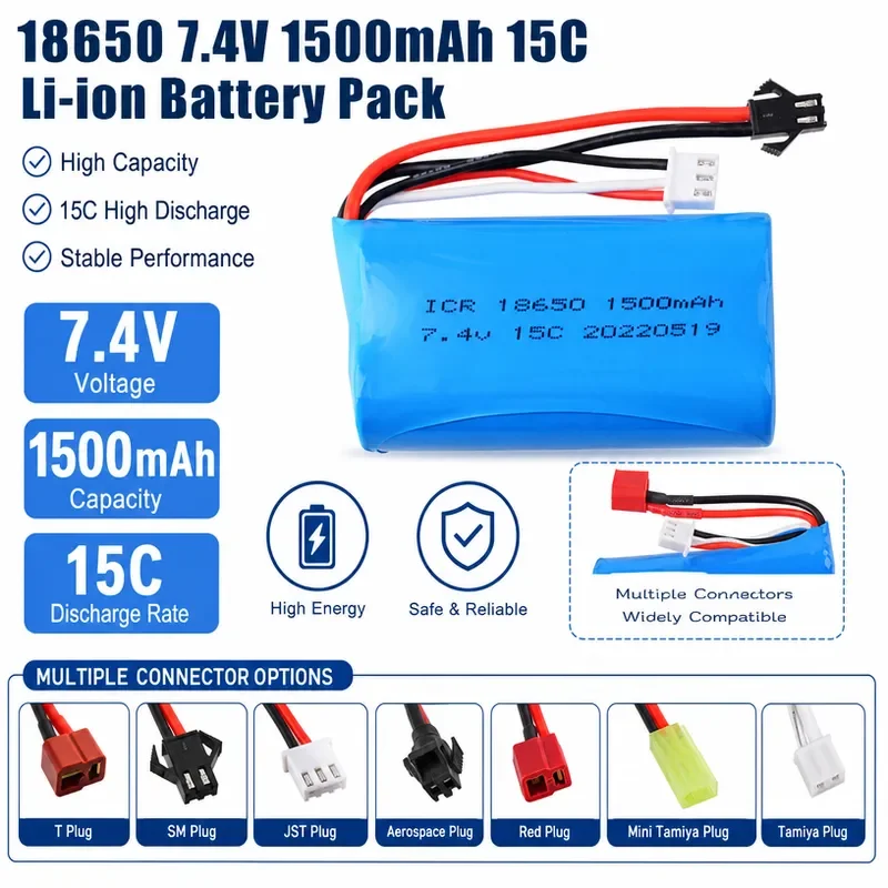 7.4V 1500mAh Lithium Battery for Weili 12402A 12428 High Speed RC Car Cylinder 18650 Factory Sales