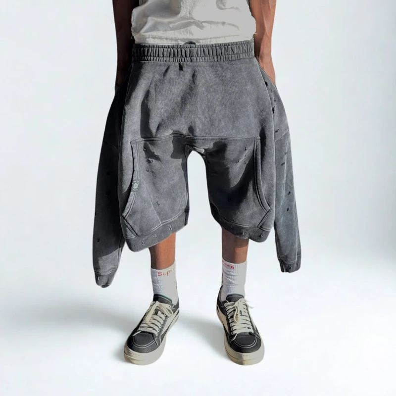 

Y2K strange casual shorts vintage ripped solid color hoodie design Long sleeves shorts oversized hip hop men women street shorts