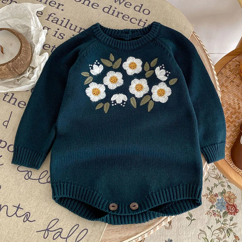 

Spring Kids Baby Girls Long Sleeve Embroider Knit Jumpsuit Infant Baby Girls Clothes Newborn Baby Girls Rompers 0-3Yrs