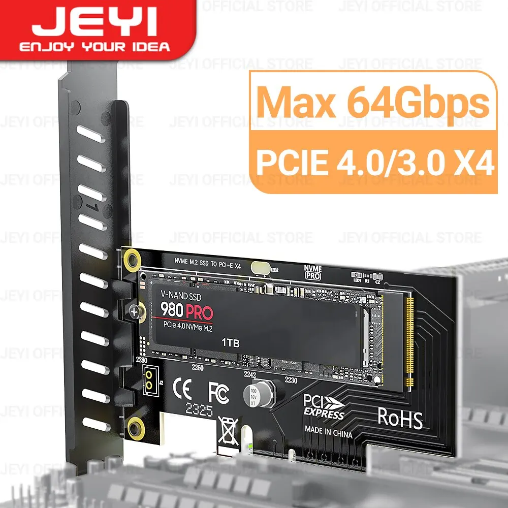 JEYI M.2 NVME do PCIe 4.0 3.0 Adapter SSD, 64Gbps PCIe 4.0 X4 x 8x16 karta rozszerzeń dla pulpit PC, pci-e GEN4 GEN3 pełna prędkość
