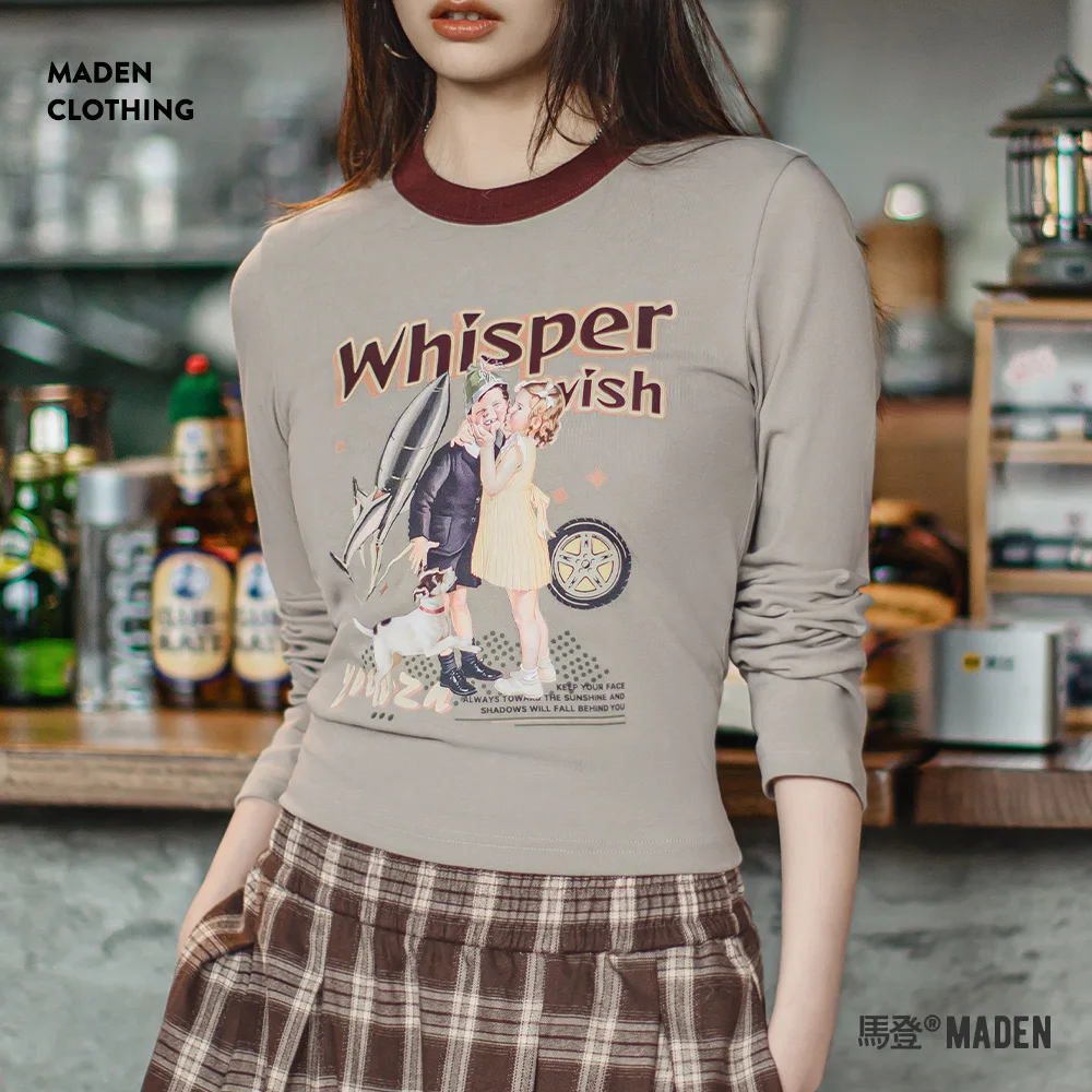 Maden Vintage Printed Long-Sleeved T-Shirt Red Patchwork Round-Neck Slim Fit Tees Women's All-Match Top for Spring and Autumn