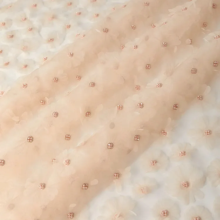 

1 yard orange pink fabrics Small floral nail bead organza lace fabric Dress cheongsam children's clothing sewing accessories