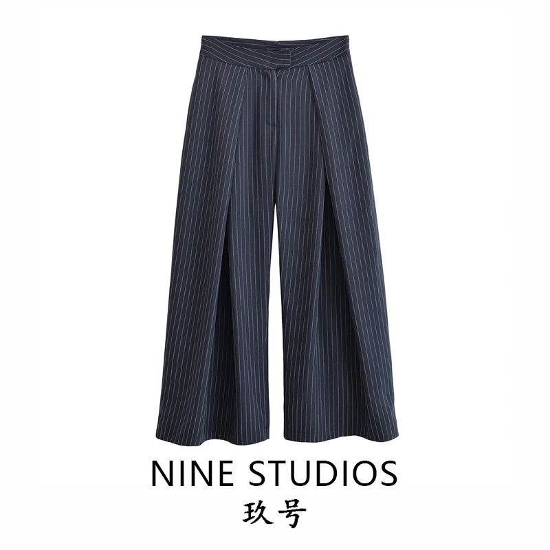 Pantaloni a gamba larga a righe casual a vita alta Pantaloni lunghi a pieghe larghi Pantaloni casual in fibra di poliestere Faion da donna
