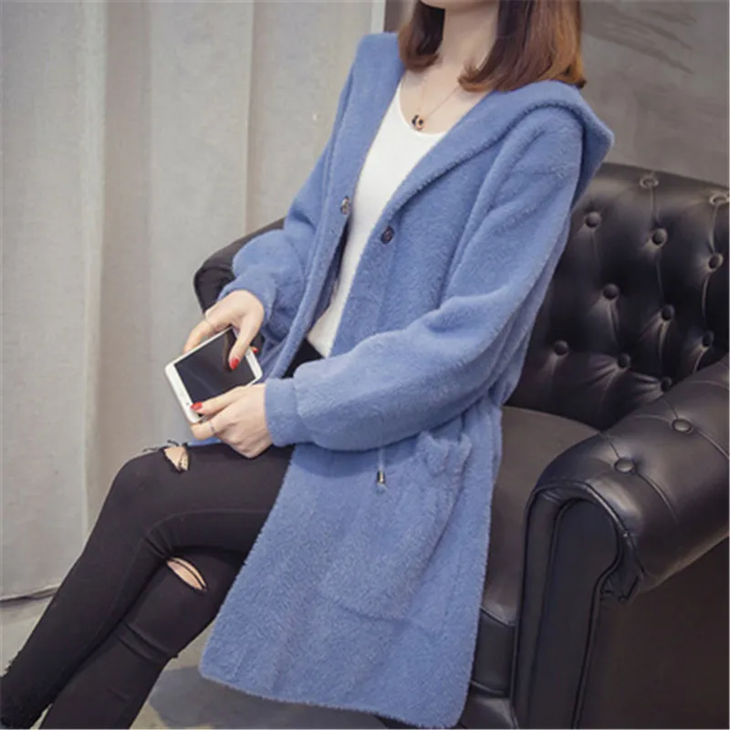 Women Autumn Winter Imitation Mink Cashmere Knitted Cardigans New Loose Sweater Coats Female Hooded Casual Outerwear