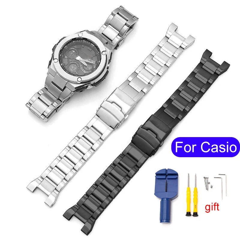 Stainkless Steel Watch Band Strap for Casio GST-W300 400G B100 S310 S120 S110 W110 Replacement Bands Silver Black Metal Bracelet