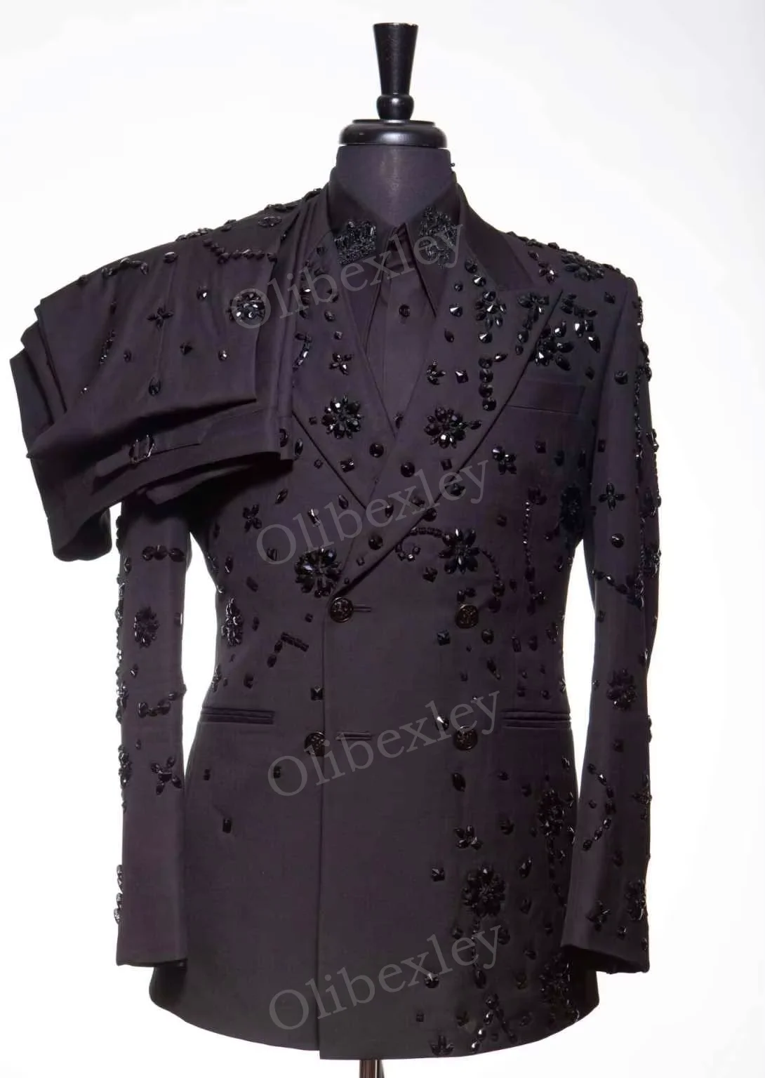 

Luxury Double Breasted Slim Fit Men's 2 Piece Suit Set with Jewelry Decoration for Wedding Groom Business Dinner Party