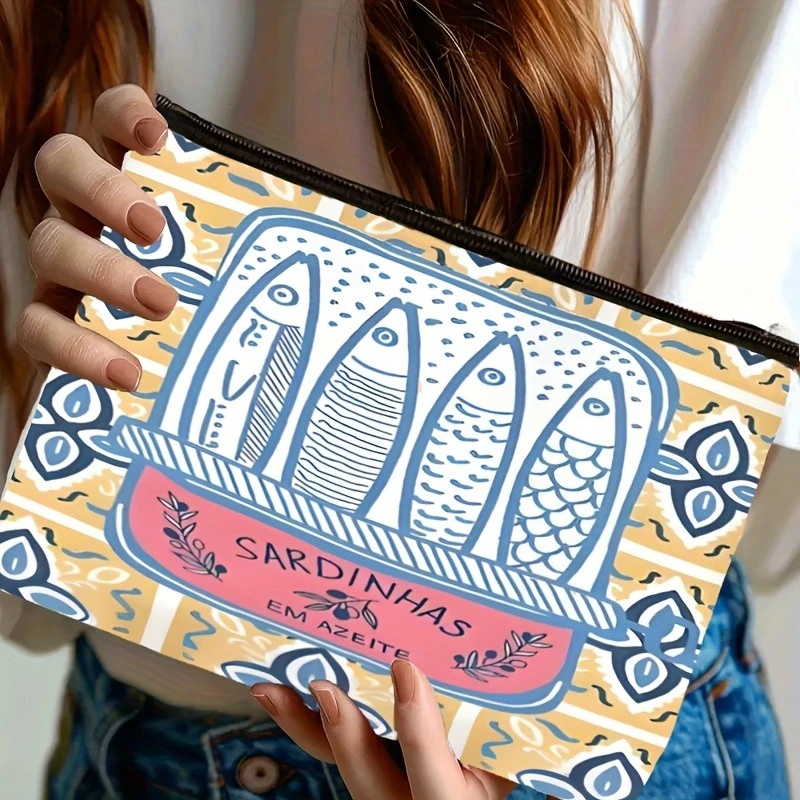 Sardine Vintage Cosmetic Bags Travel Organizer Pouch  Zippered Makeup Bag with Sardine Illustrations Foldable Toiletry Pouch