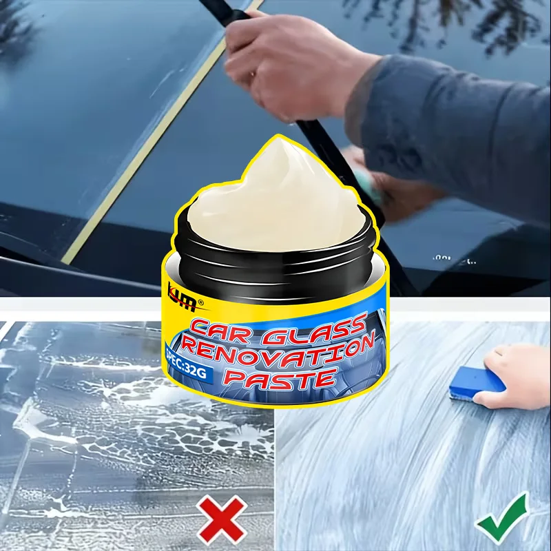 KJM Car Glass Renovation Paste Oil Film Remover Glass Polishing Paste for Windshield, Windows & Mirrors 32G