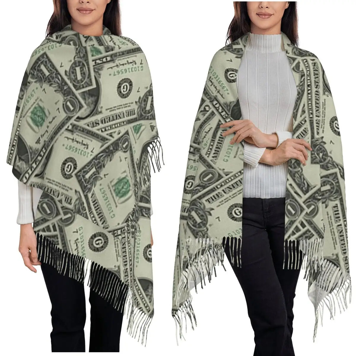 Money Dollars Bill Pattern Scarf Tassel Scarves Women Soft Warm Shawls and Wraps Large Fall Winter Shawl Wrap