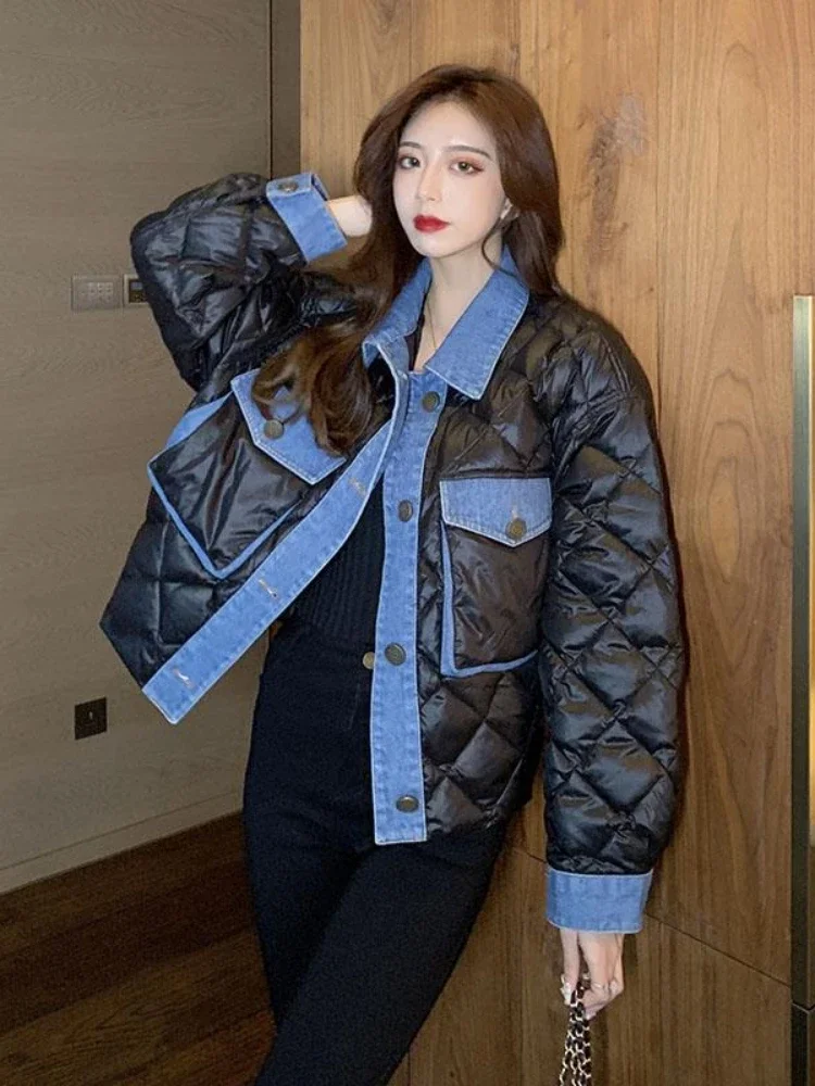 

Winter Clothes Women New Casual Splicing Denim Quilted Coat Fashion Versatility Polo Neck Short Jacket Street Women's Wear