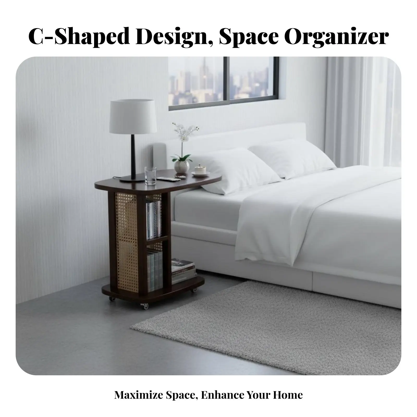 

Передвижной C-образный столик на колесиках с закругленными углами, из ротанга и эстетичных панелей, для жильцов квартир