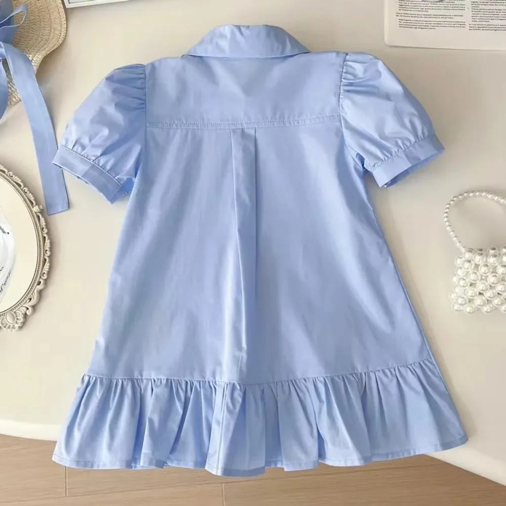 Baby Girls Dresses Kids Short Sleeved Cartoon Dress Toddler Blue Costume 2025 Summer 1 To 8Yrs Children\'s Korean Style Clothing