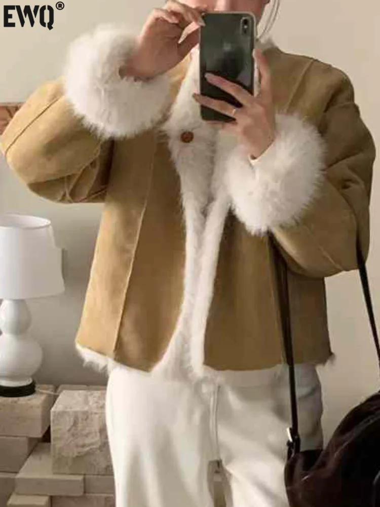 [EWQ] Vintage Two-sided Wear Single Breasted Faux Fur Coat Keep Warm Chic Women Thick Fur Outerwears 2024 Winter New 16O3756