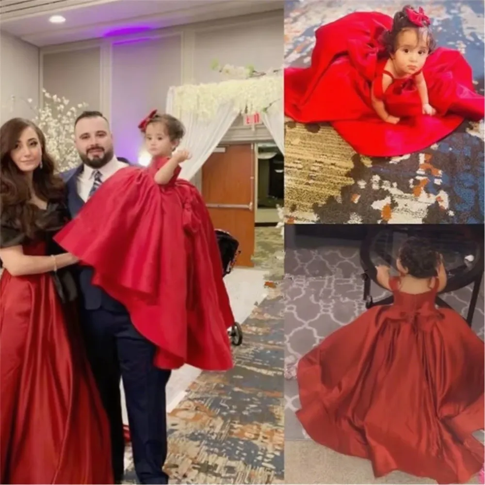 

Red Satin Flower Girl Wedding Dress Sleeveless Spaghetti Straps Big Bow with Long Train Princess Birthday Pageant Party Gown