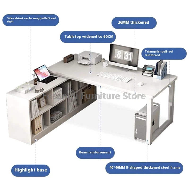 モダンなL字型ホワイトオフィスデスクチェアセット、収納キャビネット付きコーナーライティングゲーミングコンピューターデスクとチェア、ホーム家具