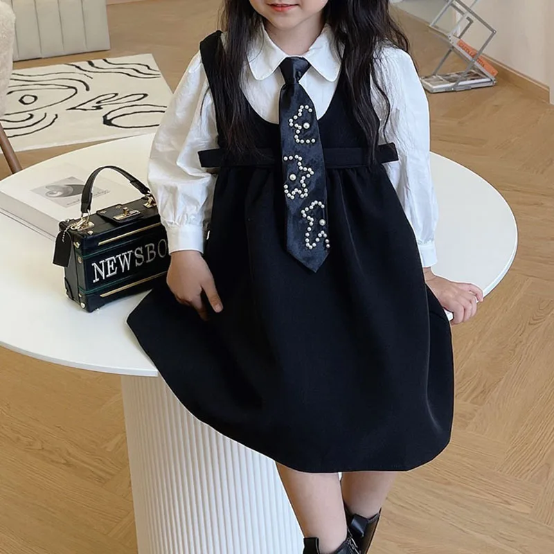 

Fall Toddler Girl Clothes Set Spring Autumn New College Style Long-sleeved Shirt & Suspender Dress Pearl Tie 3pcs Girl Outfits