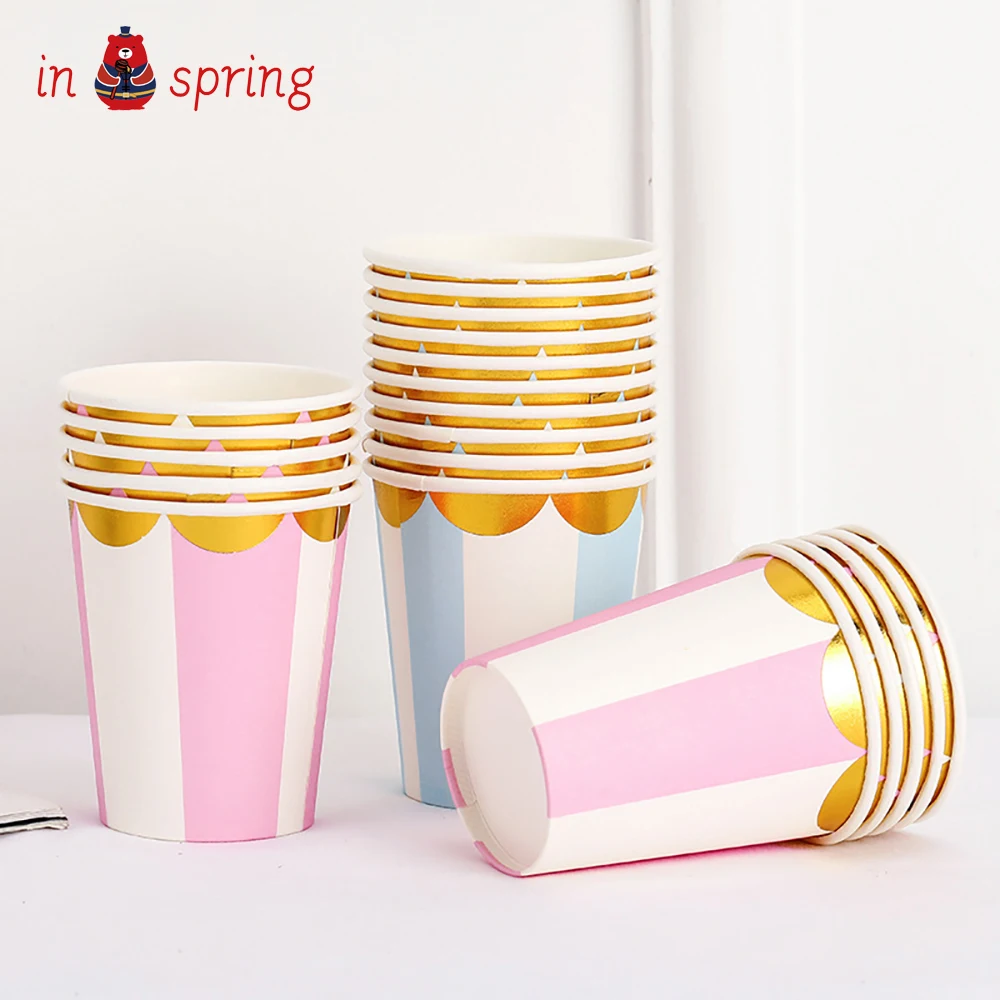 10PCS 9 Oz 250ml Gilded Striped Thickened Paper Cup Disposable Cup Wedding Birthday Party Holiday Disposable Tableware