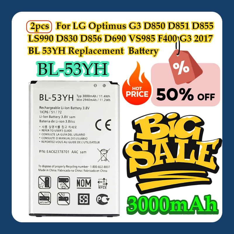 2pcs For LG Optimus G3 D850 D851 D855 LS990 D830 D856 D690 VS985 F400 G3 2017 BL 53YH BL-53YH 3000mAh Replacement  Battery