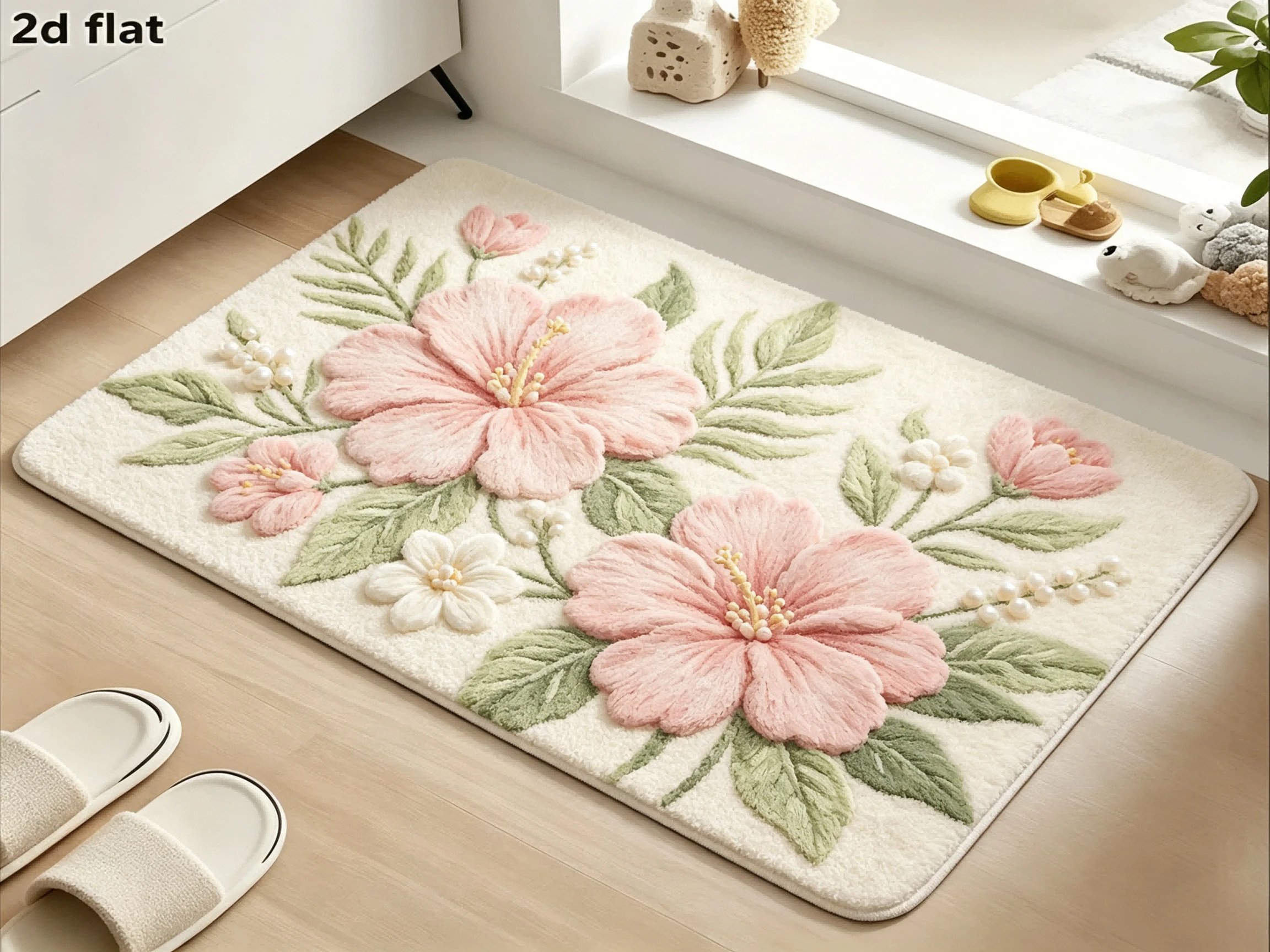 Pink Hibiscus Floral Area Rug Soft Pastel Flower Green Leaf Art Print Romantic Botanical Themed Graphic Floor Decor Rug