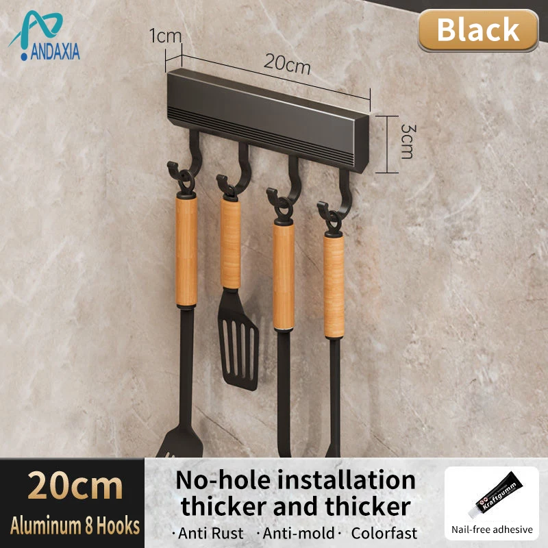 Kitchen Hooks Without Punching Space Aluminum Rack Hanging Rod Wall Hanging Spoon Spatula Shelf Wall Storage Metal Hooks