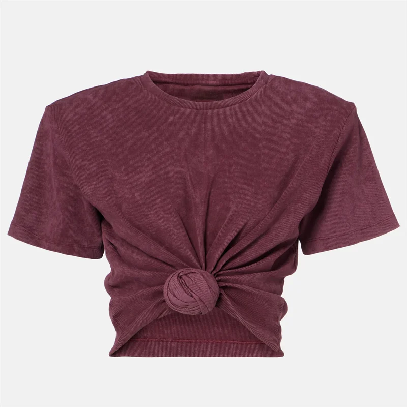 Dames T-shirt 2025, zomer nieuwe schouder gewatteerde slim fit korte mouwen top puur katoen ronde hals trui y2k Crop top korset - afbeelding 2