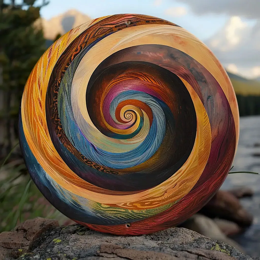 2D Vintage Metal Wall Art Sign, Spiral Swirl Round Decor, Gold Brown Green Red Orange Yellow, Weatherproof Indoor Outdoor for Ga
