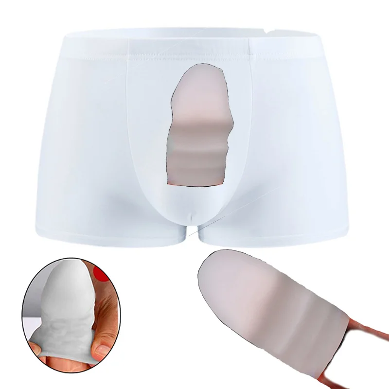 Men Silicone Underwear with Glans Cover Penis Wrapping Lower Sensitivity Delayed Ejection Elastic Shell Tube Bag Prolong Time