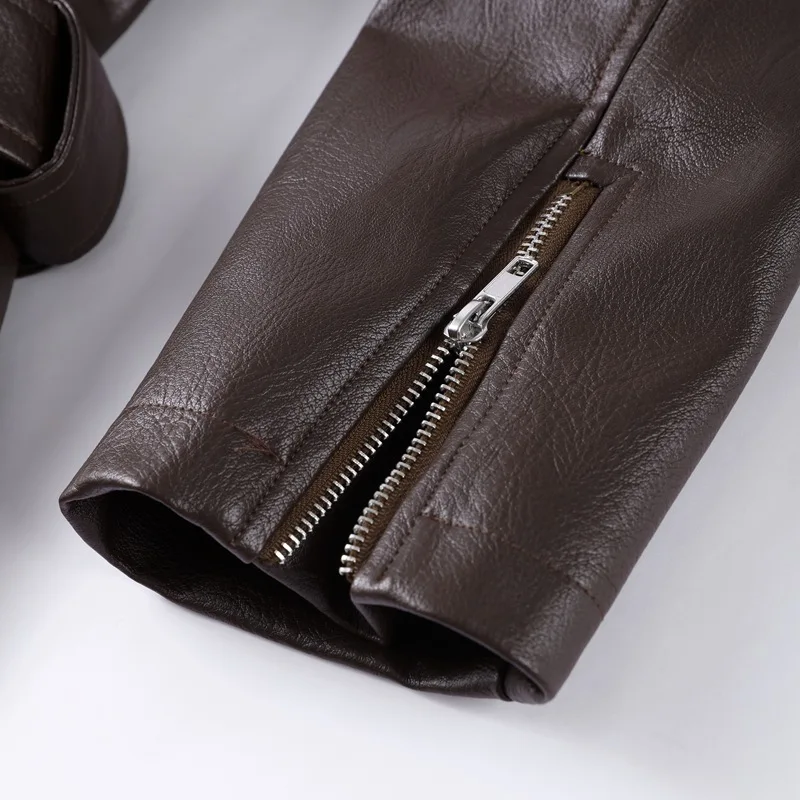 Chaqueta de PU con cinturón y cremallera para mujer, abrigo de cuero con correa corta y cuello vuelto, estilo europeo americano, primavera y otoño 2025