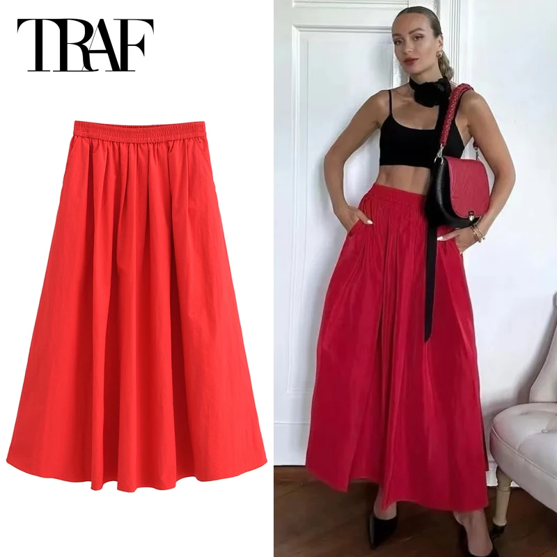 

TRAF Pleated Solid Skirts Women's Skirt Summer 2024 Fashion Midi Poplin Red Black Mid Waist Skirt Elegant Long Skirts For Women