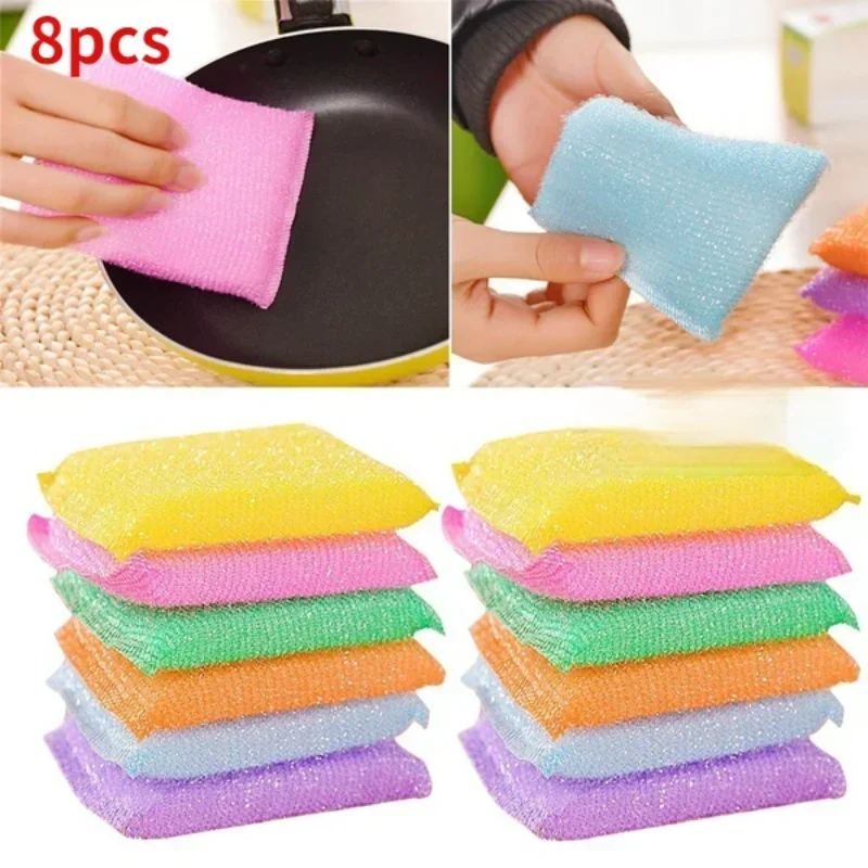 8pcs non-stick oil kitchen scouring pad, dish towel, bowl sponge brush, household cleaning tool (random color)