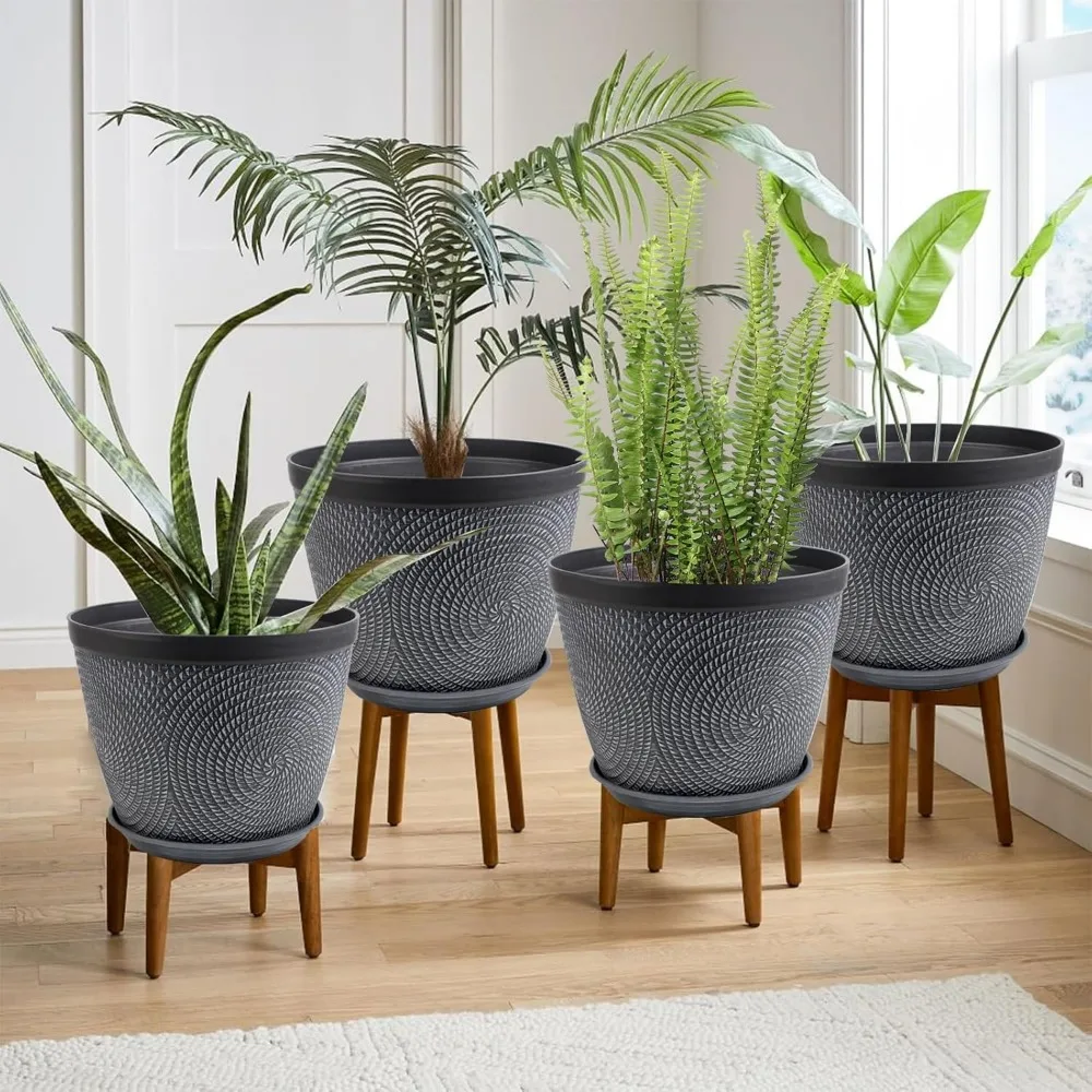 

Large 12 Inch Plant Pots 4 Pack with Drainage & Saucer, Modern Decorative Garden Planters for Indoor Outdoor Plants