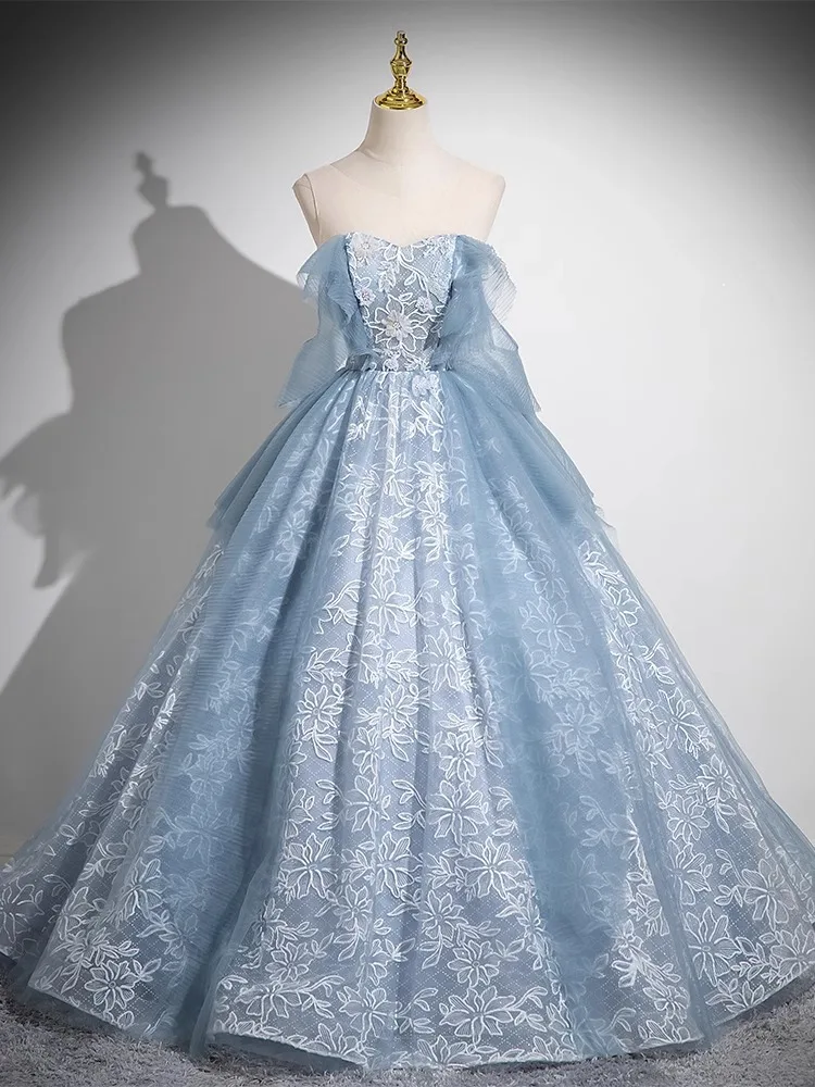 

Sparking Blue Lace Off the Shoulder Evening Dresses Customized Party Gown Floor-Length A-Line Tulle Prom Dress