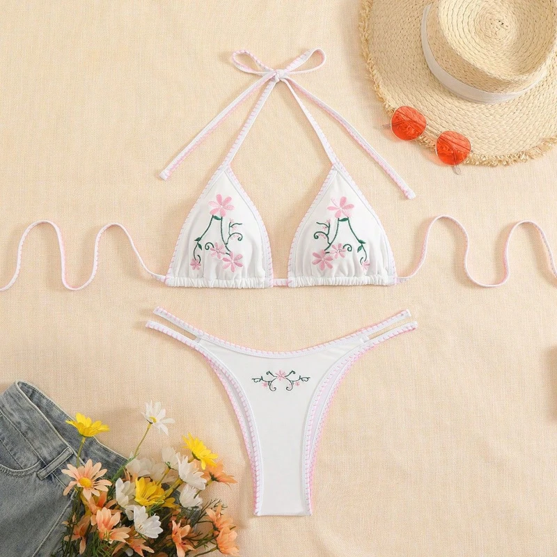 

Sexy White Bikini Chic Embroidered Floral Beach Spa Holiday Swimsuit