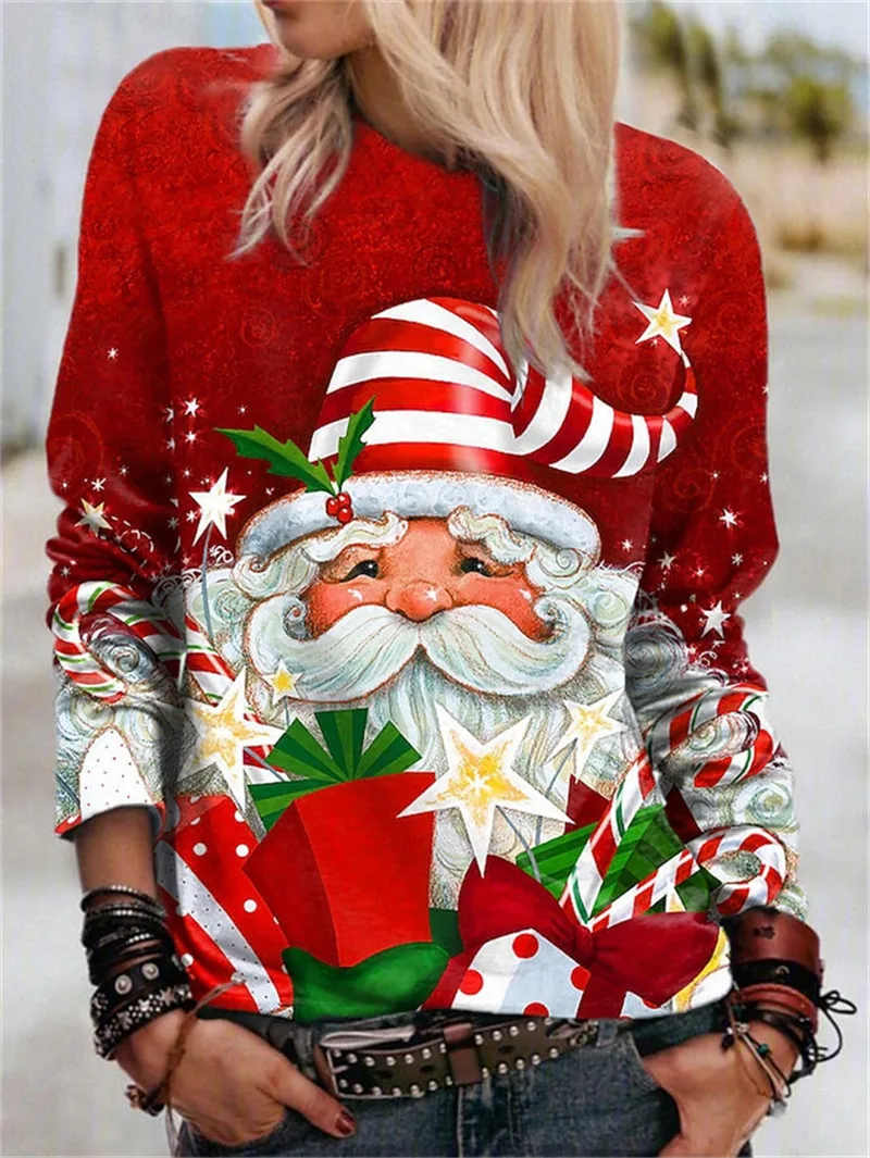 

Cartoon Christmas Deer Women Fashion T-Shirts Long Sleeve Autumn Winter Street Hip Hop Pullovers Tops Round-Neck Christmas Tees