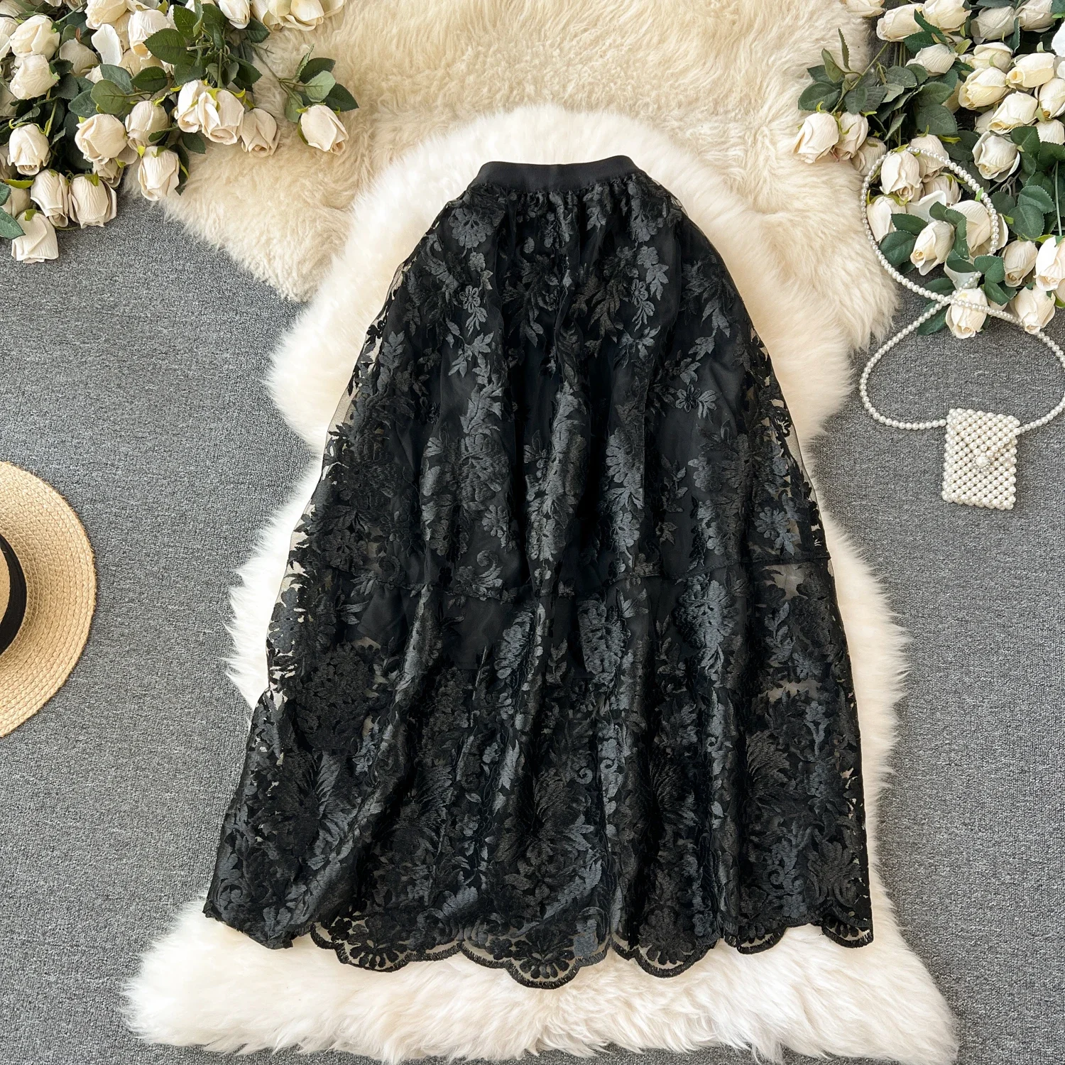

Women Lace Hollow Out Chic High Waist Sexy Split Skirt Party Fashion Vintage A Skirt Summer Clothing