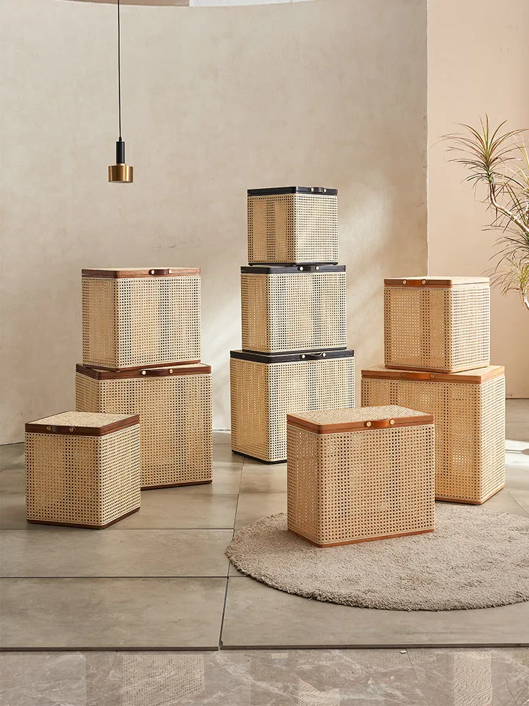 Solid wood rattan storage box creative  stool  stool Nordic B & B wabi sandy wind furniture mini  box