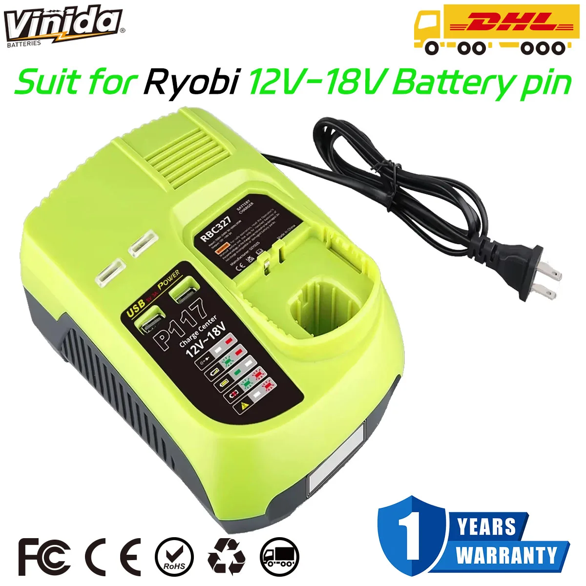 VINIDA P117B Fast Charger Replacement for Ryobi 18V Charger Battery Compatible with 12V-18V ONE+ Lithium NiCad NiMh Battery pin