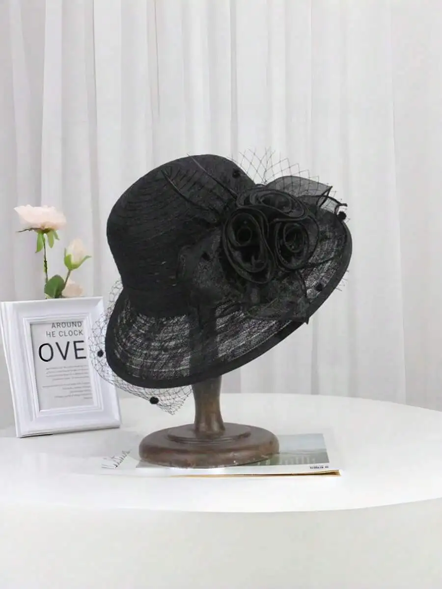 

Elegant Black Floral Lace Veil Formal Hat For Women Summer