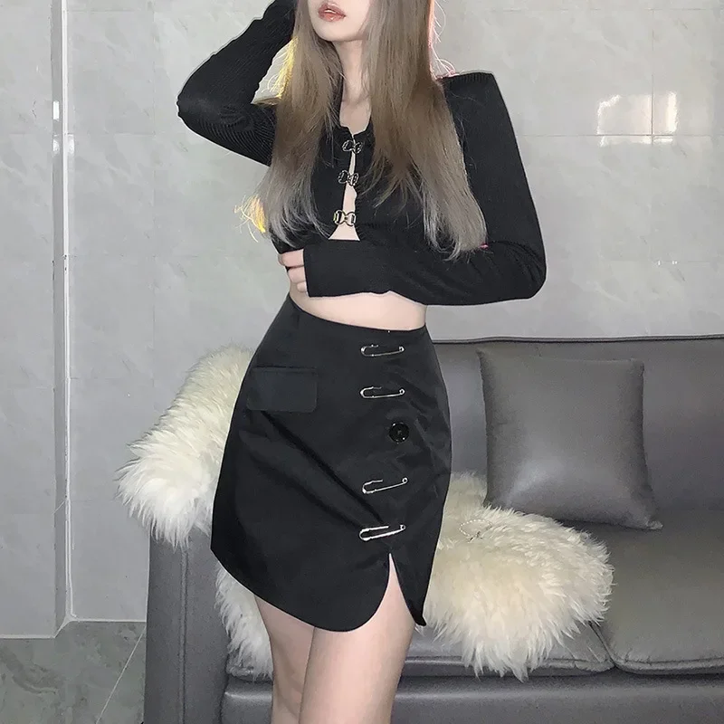 

Punk Skirt Solid Color Slim Fashion High Waist Hip Wrap Sexy Split Vintage Sexy Goth Dark Y2k Mini Harajuku Korean Style