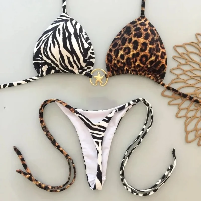 

Triangle Bikini Set Printed Biquine Brasileiro Women Swimwear Side String Swimsuit Beach Holiday Bathing Suit Maillot De Bain