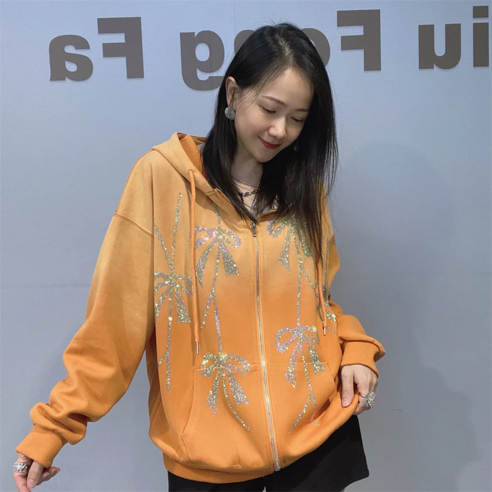 2026 Autumn Winter Casual Sequins Bow Oversized Zipper Hooded Sweatershirts Woman Gradient Cardigan Overalls Bust134cm Tops Y2k
